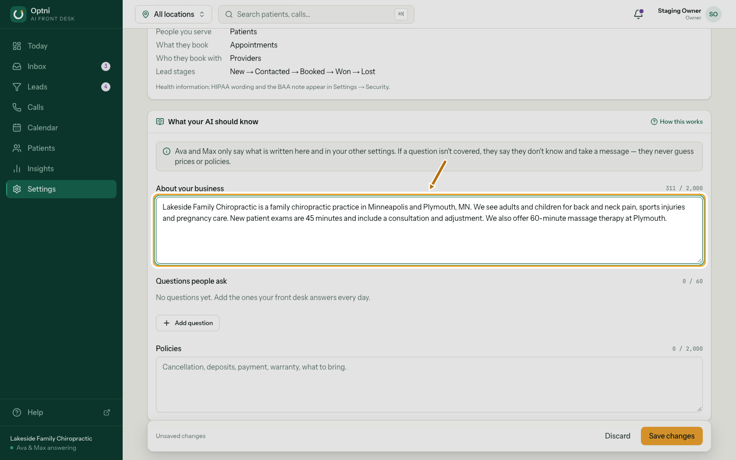 The About your business box with an example filled in.
