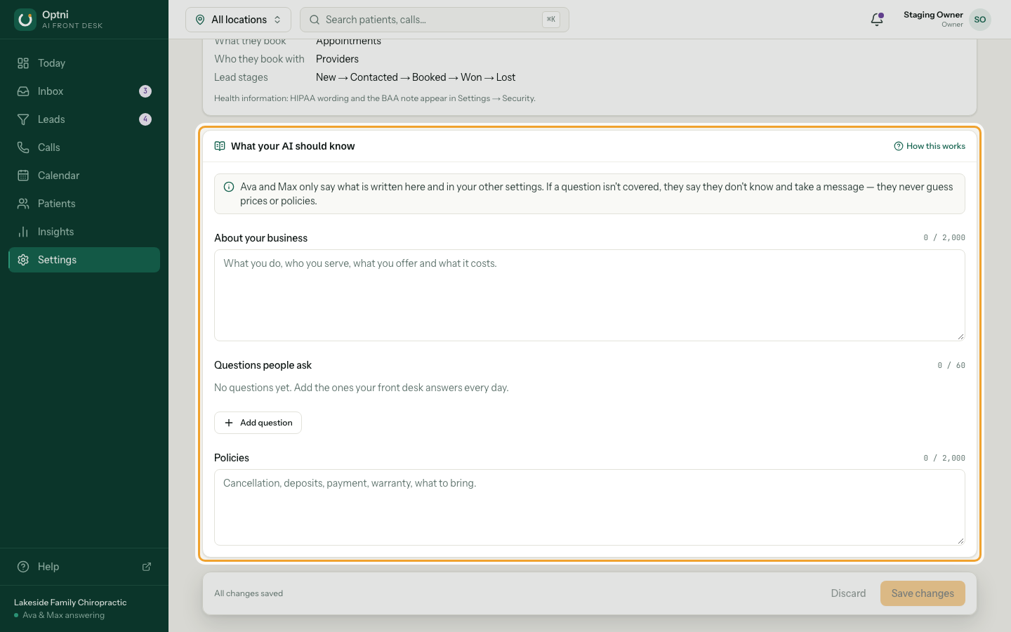 The What your AI should know card in Settings → Business.