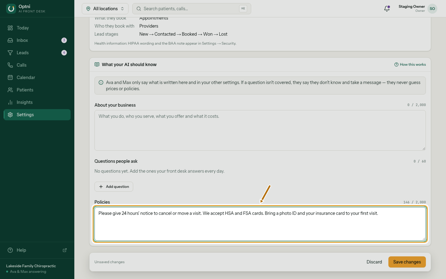 The Policies box with an example filled in.