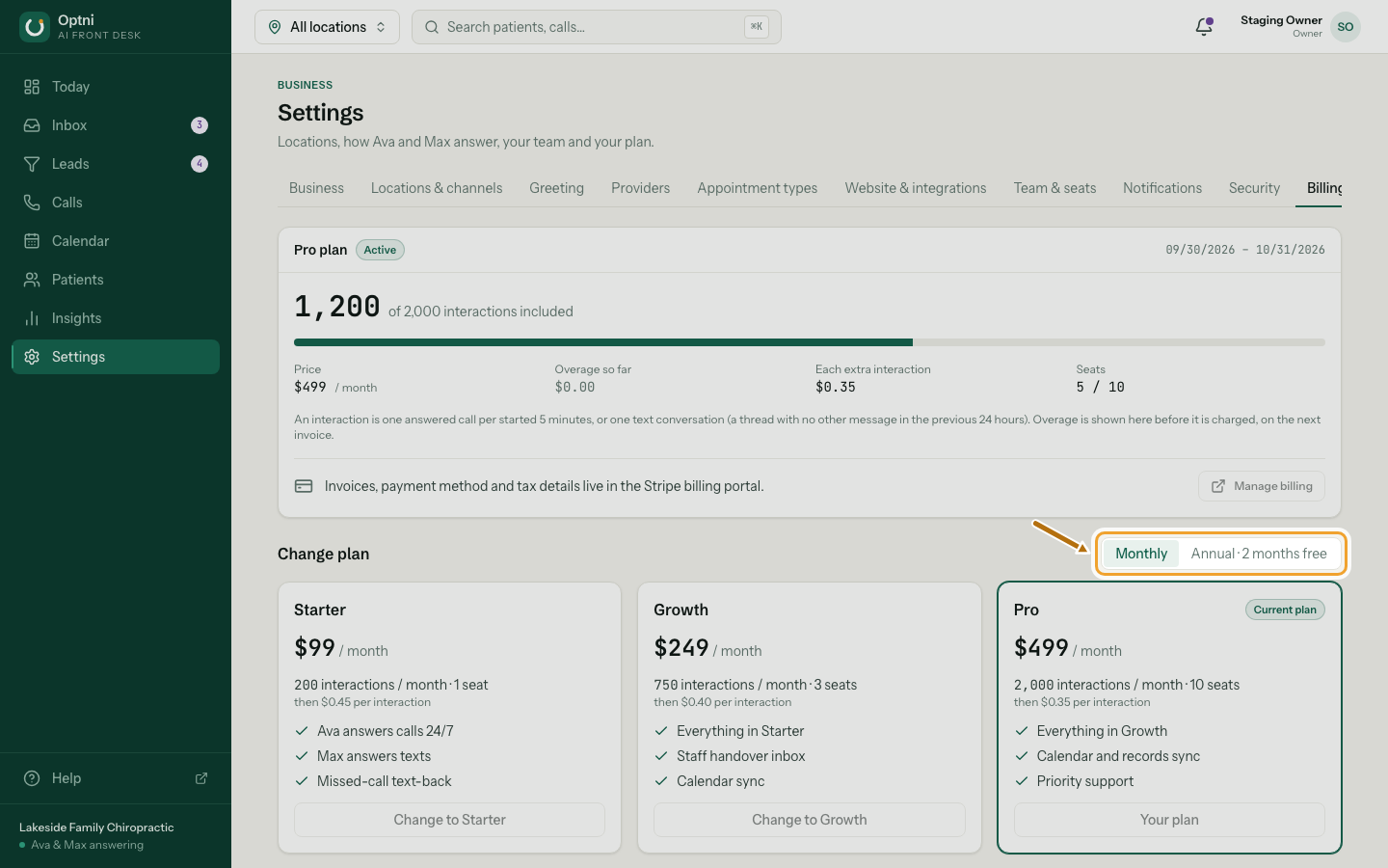 The Change plan section with Monthly / Annual and three plans.