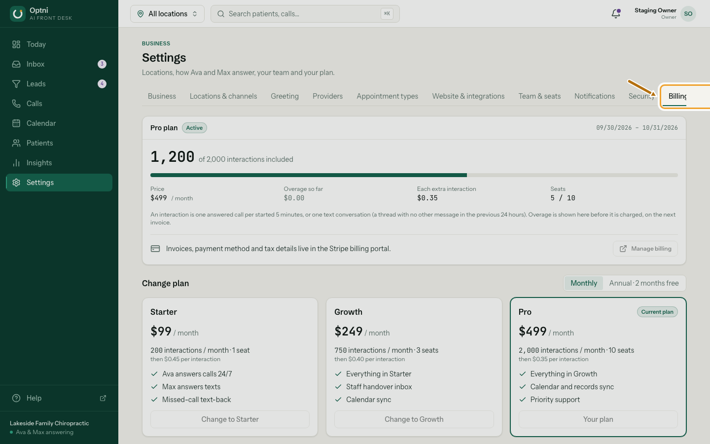 The Billing & usage page with the current plan, usage bar and plan choices.