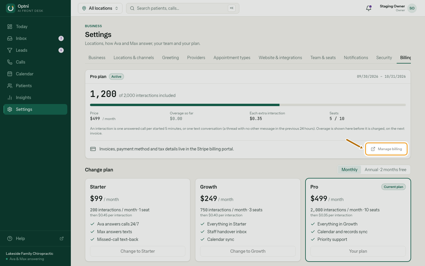 The Manage billing button ringed.