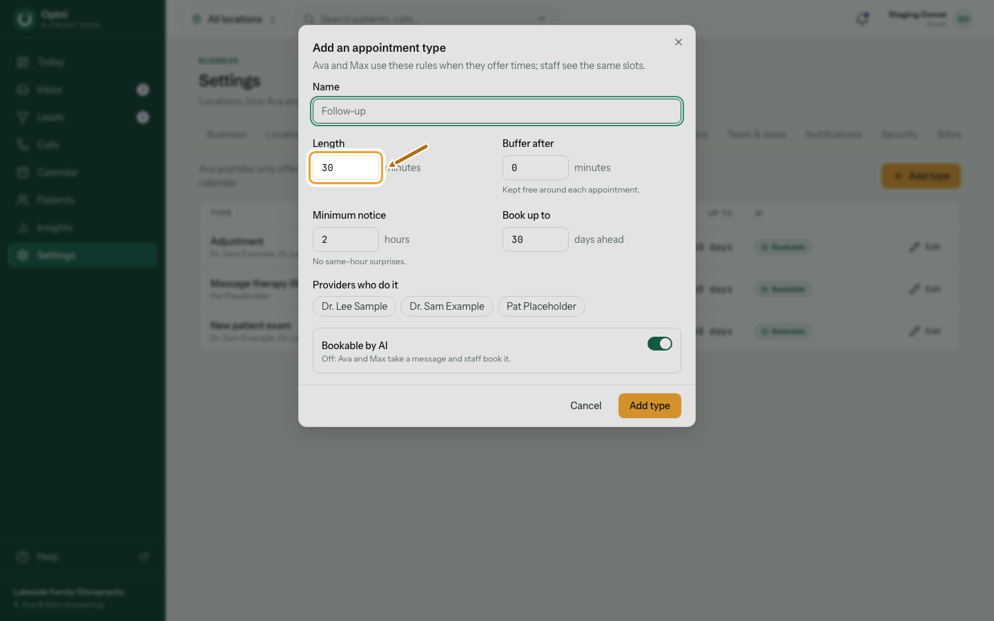 The type dialog with the name and length fields.