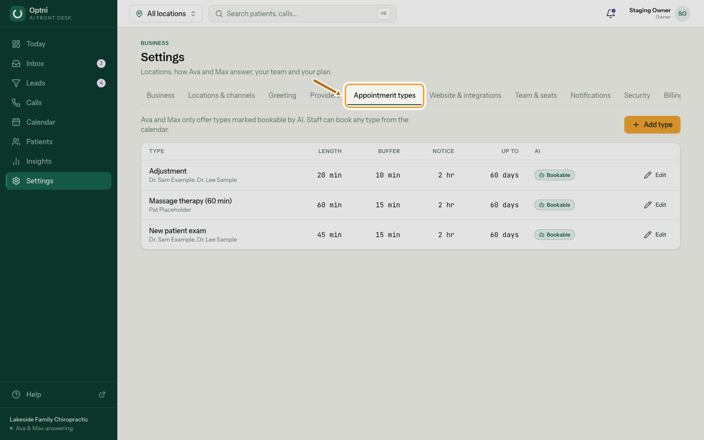 The booking types settings page listing each type with length, notice and whether the AI may book it.