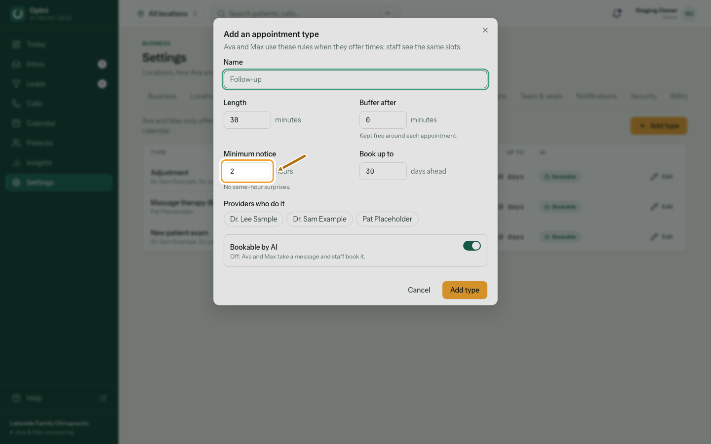 Minimum notice, Book up to and Buffer after fields.