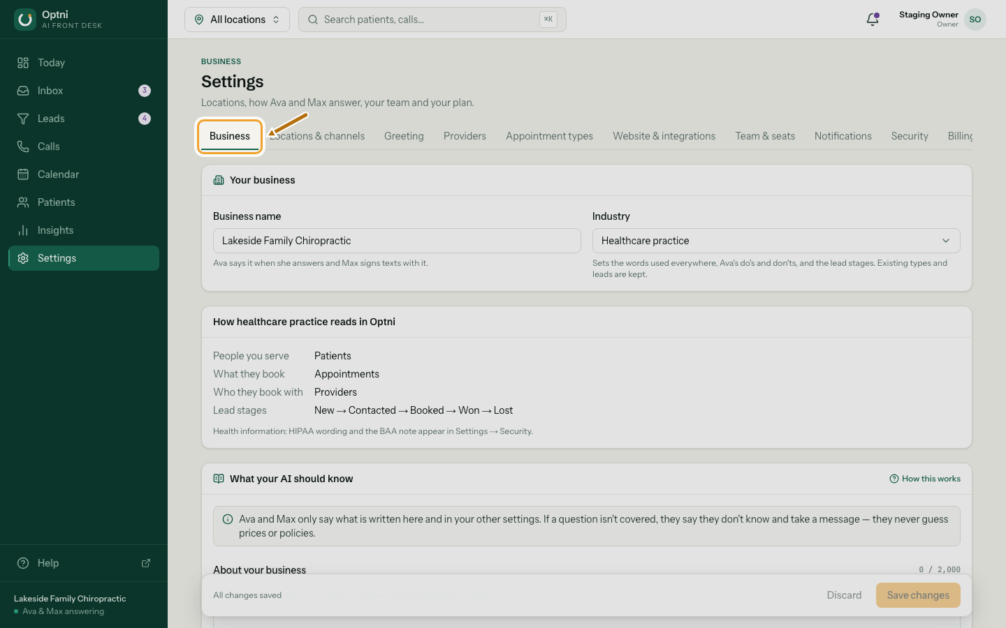 Settings → Business with the Your business card.