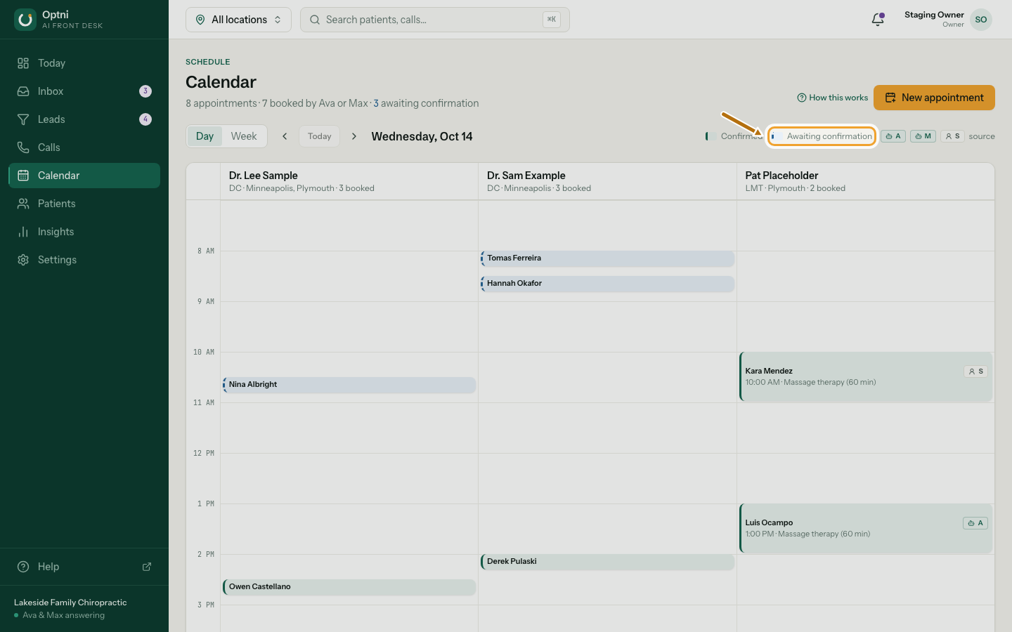 The calendar legend explaining confirmed, awaiting confirmation and the source badges.