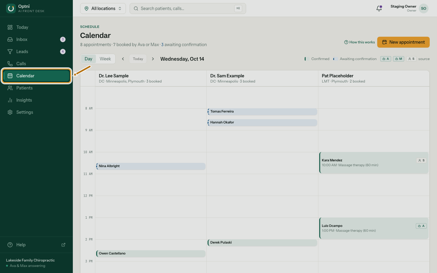 The calendar's day view with a column for each provider.