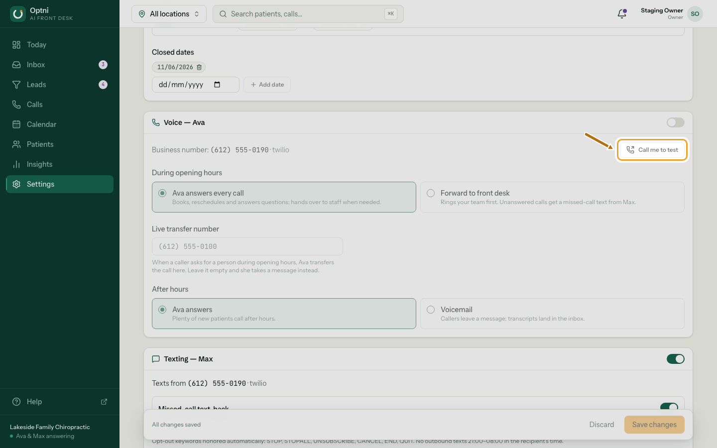 Settings → Locations & channels, Voice — Ava card, with Call me to test ringed.