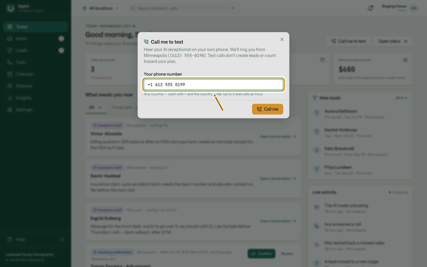 The Call me to test dialog with the phone number field ringed.