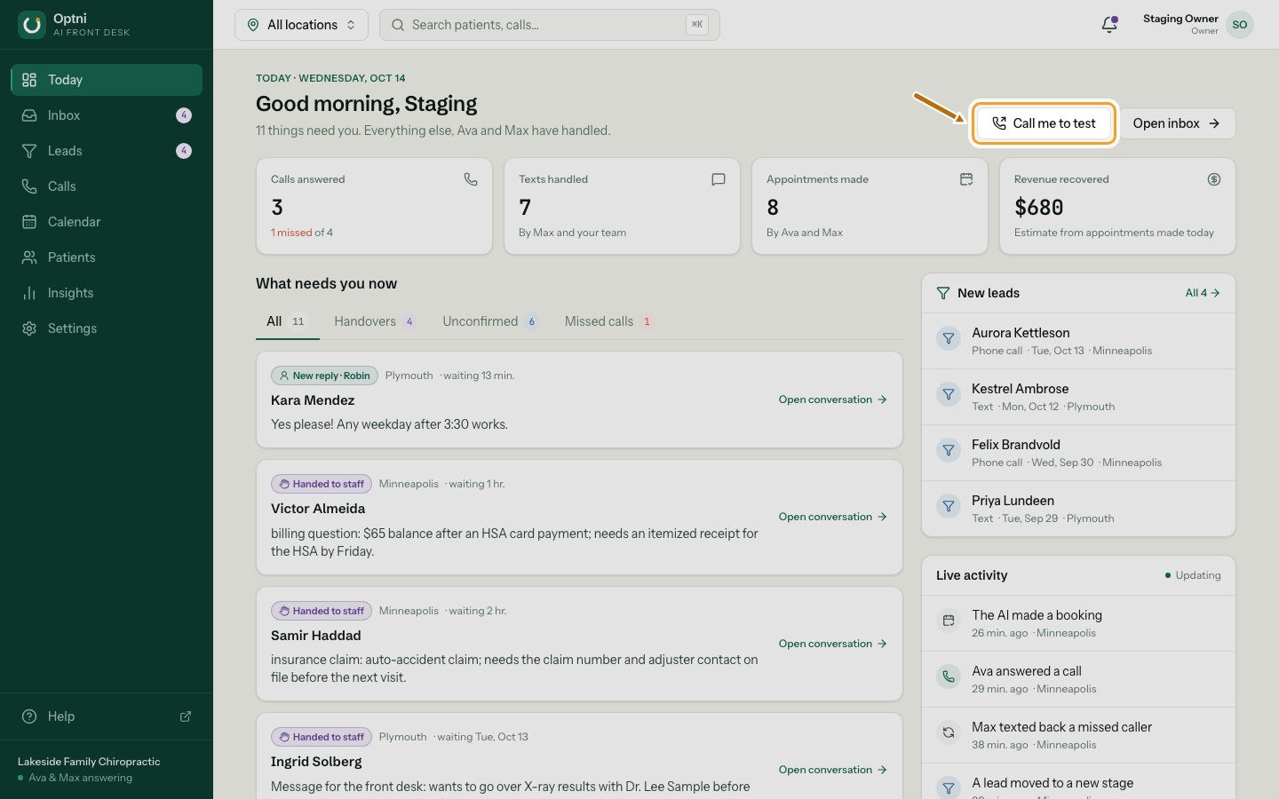 The Today page header with the Call me to test button ringed.