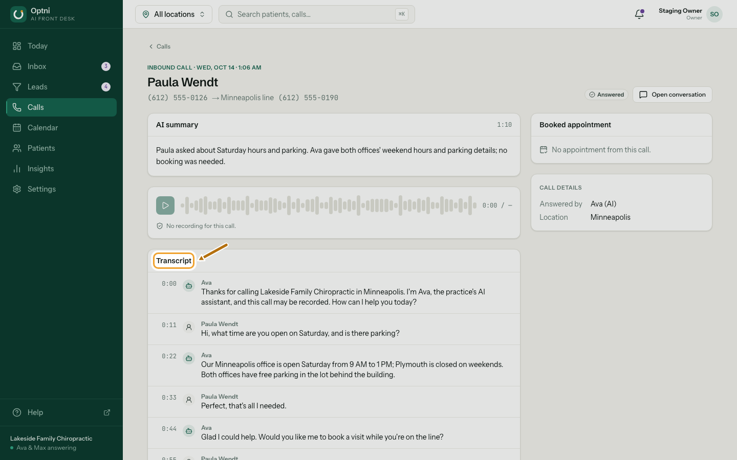 A call's detail page with the AI summary and the transcript.