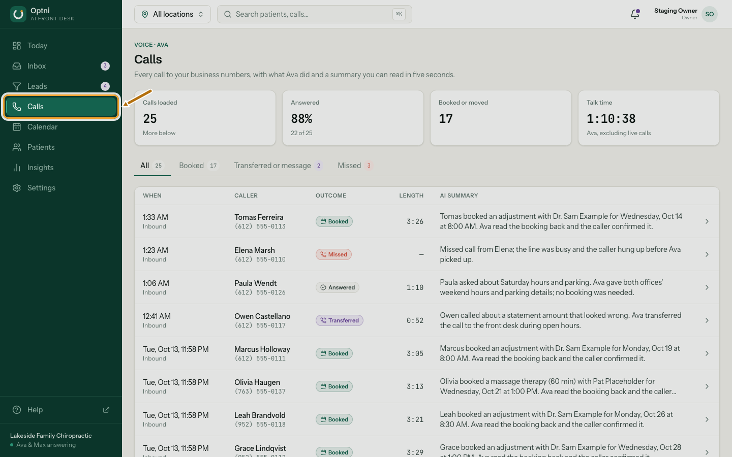 The Calls page with numbers at the top and a list of calls with outcome chips and AI summaries.