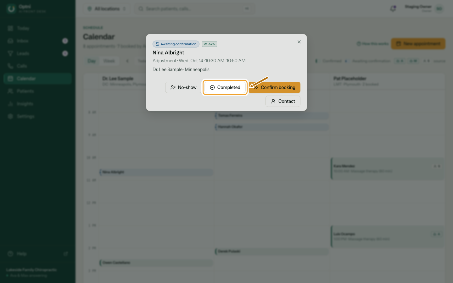 A booking that has started, with Completed and No-show buttons.