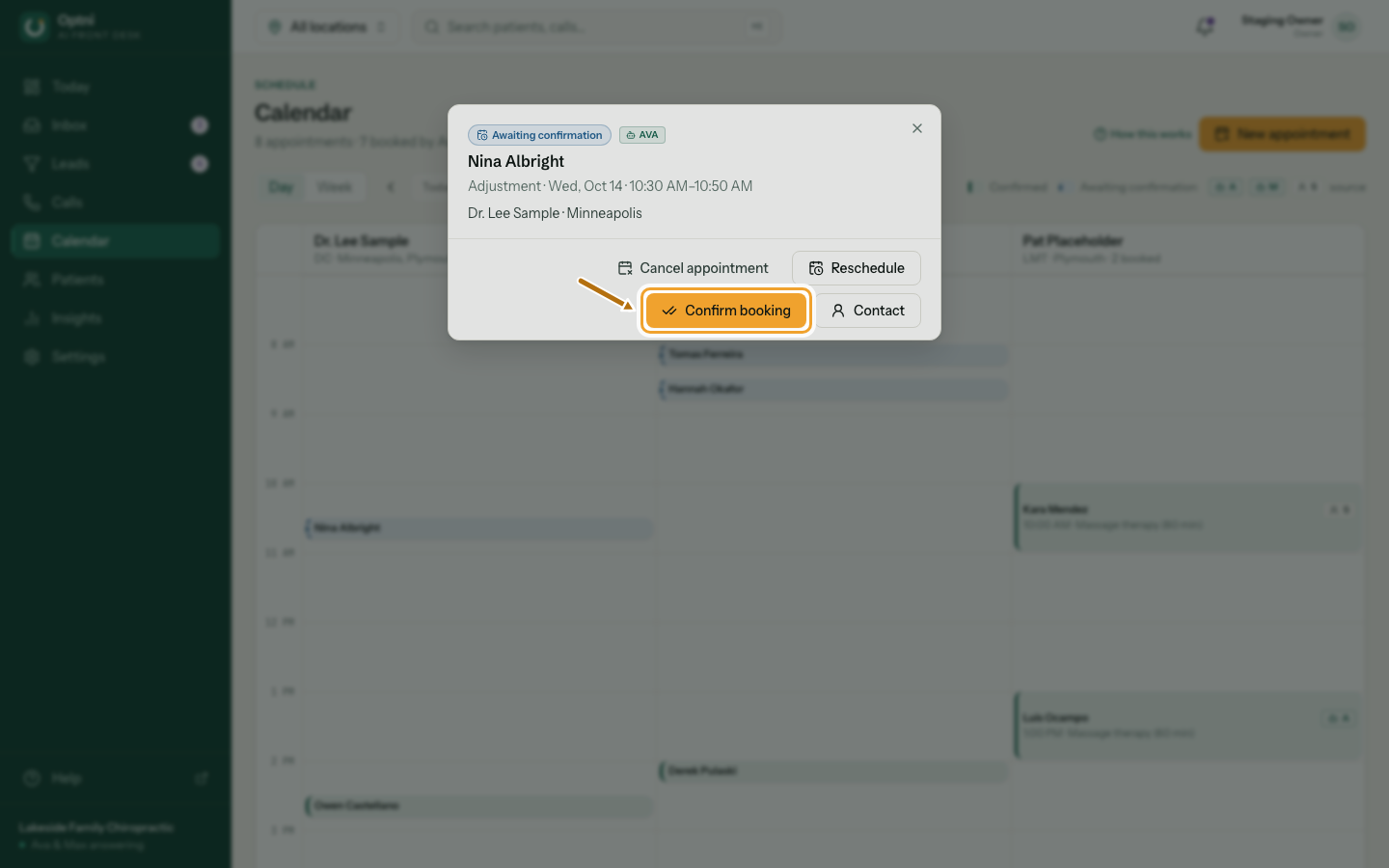 A booking awaiting confirmation with the Confirm booking button ringed.