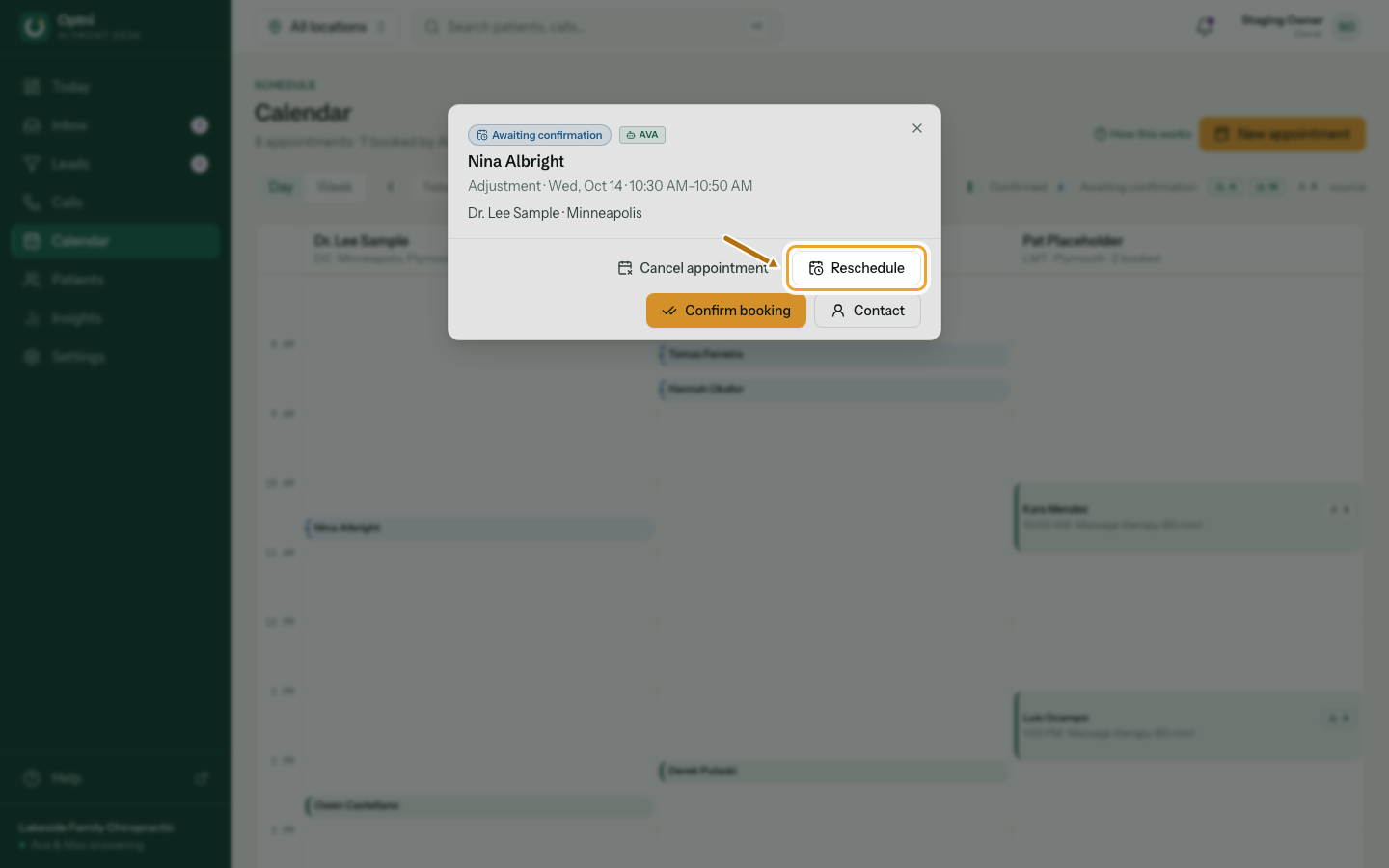 A booking with the Reschedule button ringed.