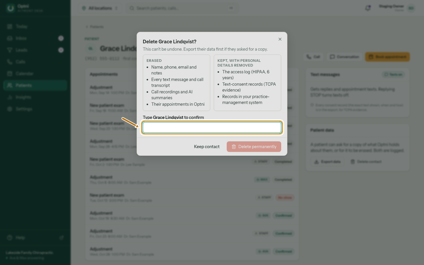 The delete dialog listing what is erased and what is kept, with a field to type the name.