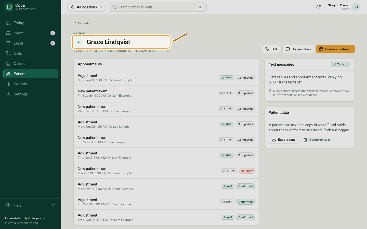 A contact's page with their details, texting status and history.