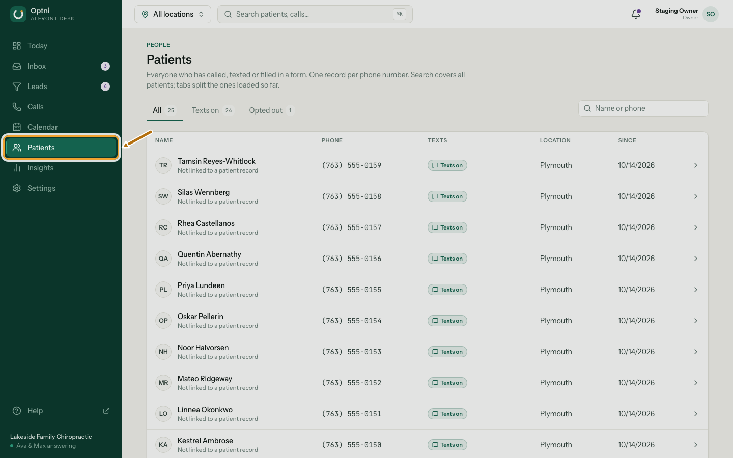 The contacts page with tabs for All, Texts on and Opted out.