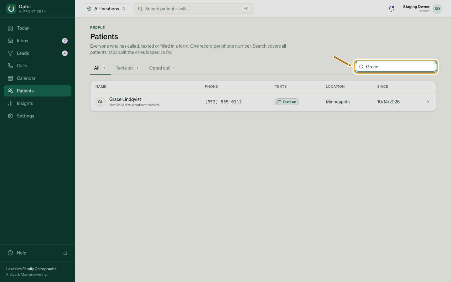 The search box with a name typed and the matching contact listed.