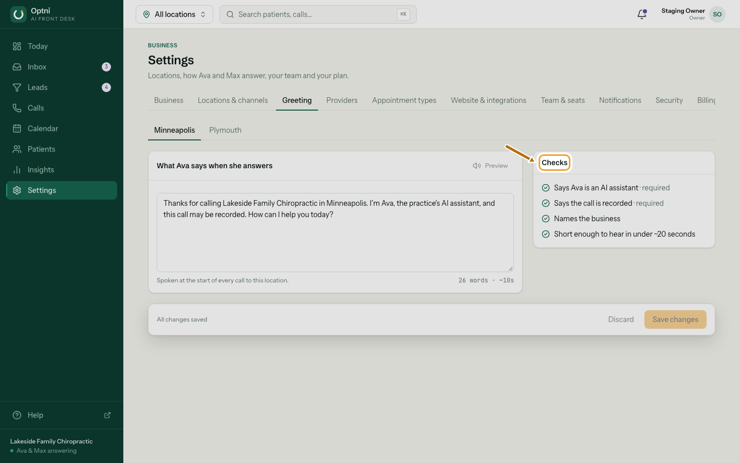 The Checks panel listing AI disclosure, recording notice, business name and length.