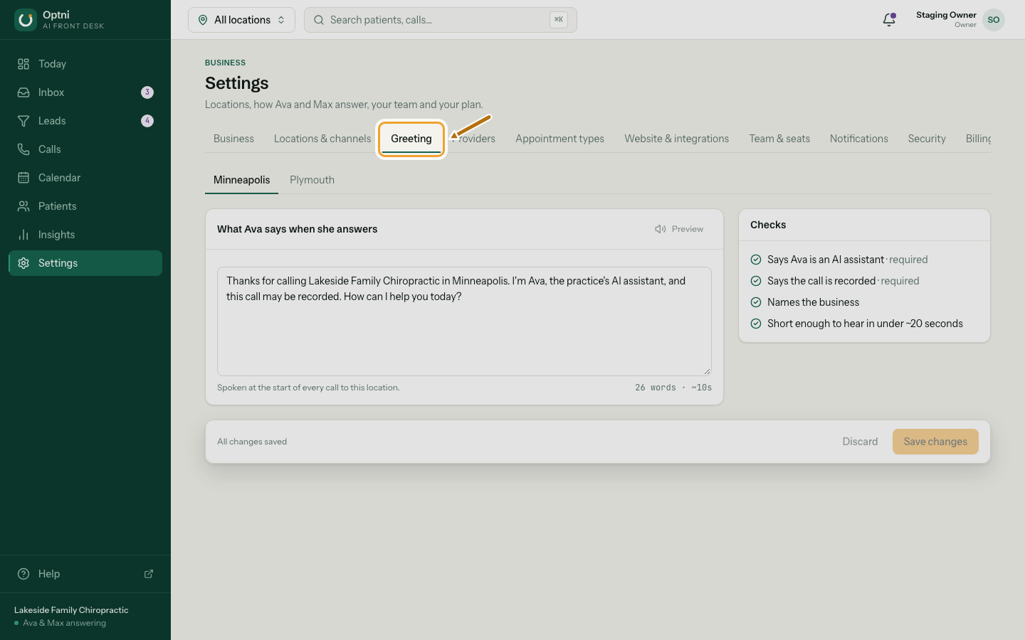 Settings → Greeting with the greeting text and a Checks panel.