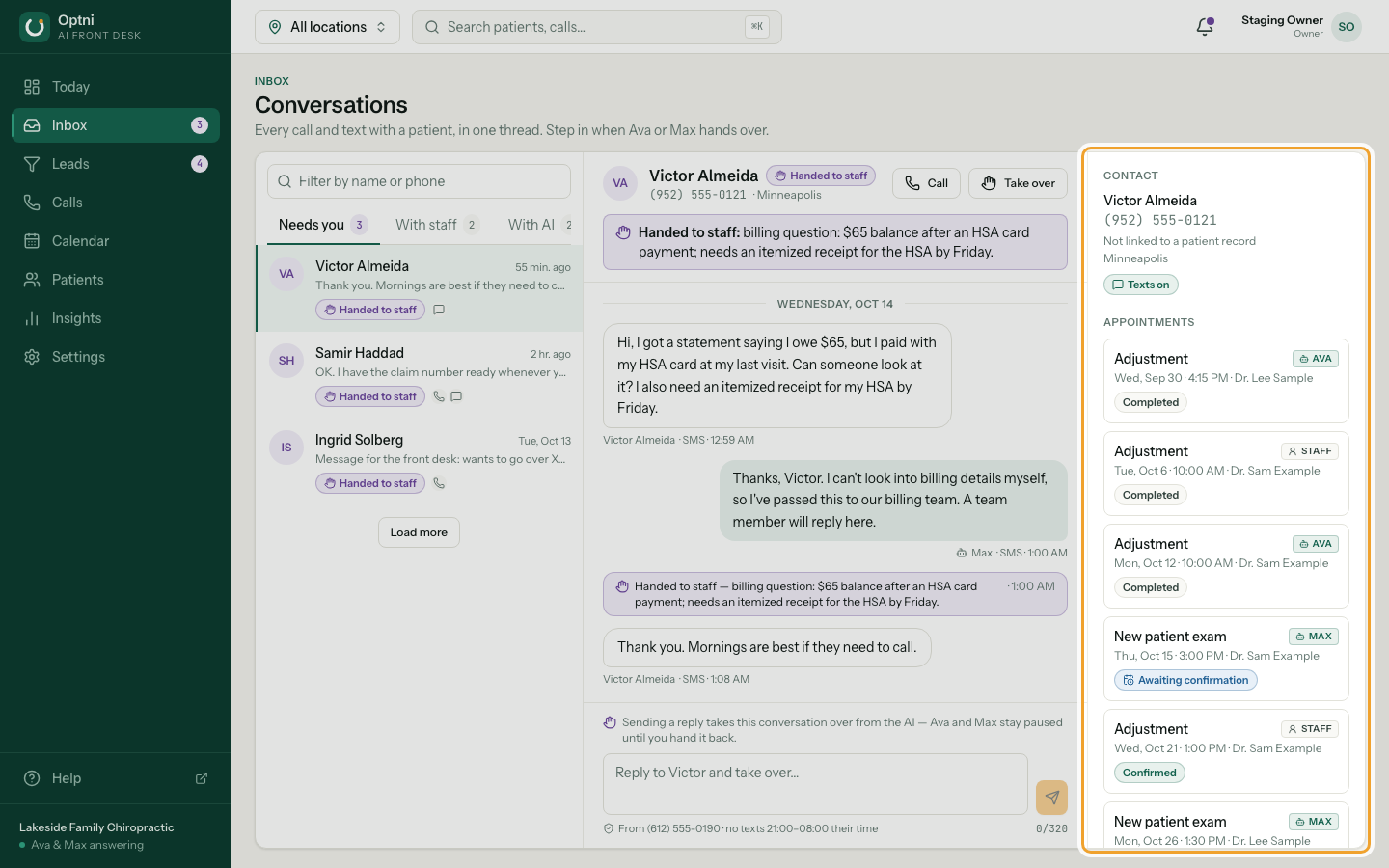 The contact panel showing the customer, their texting status and their appointments.