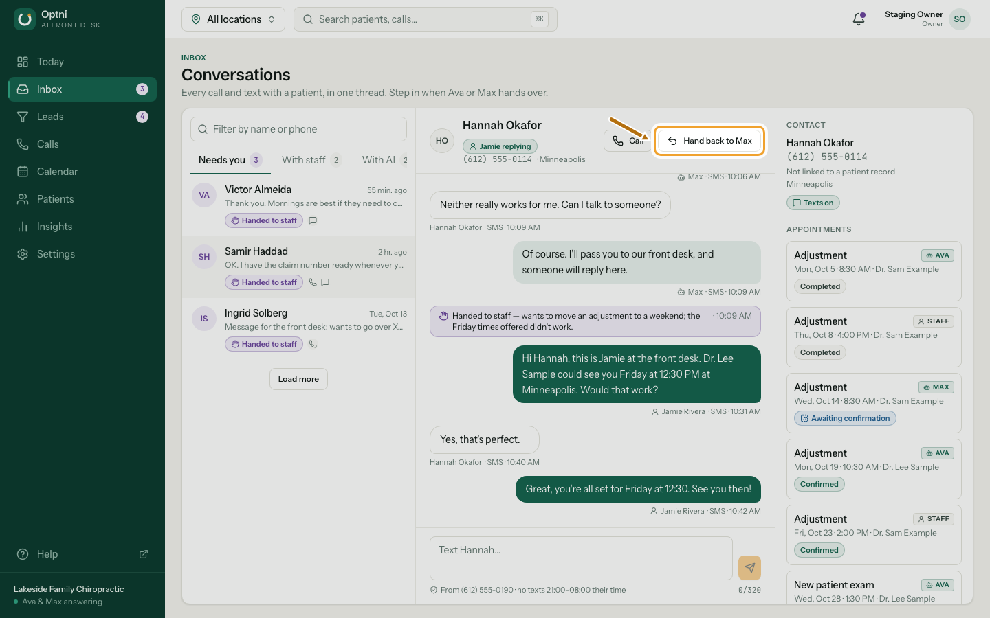 A conversation a staff member is handling, with Hand back to Max ringed.