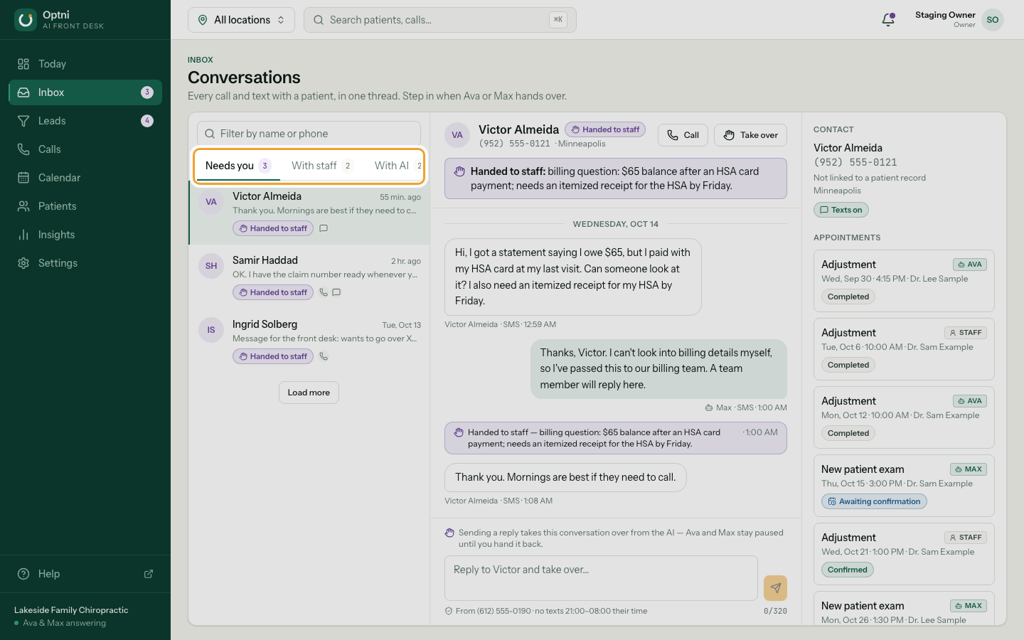 The conversation list tabs ringed.