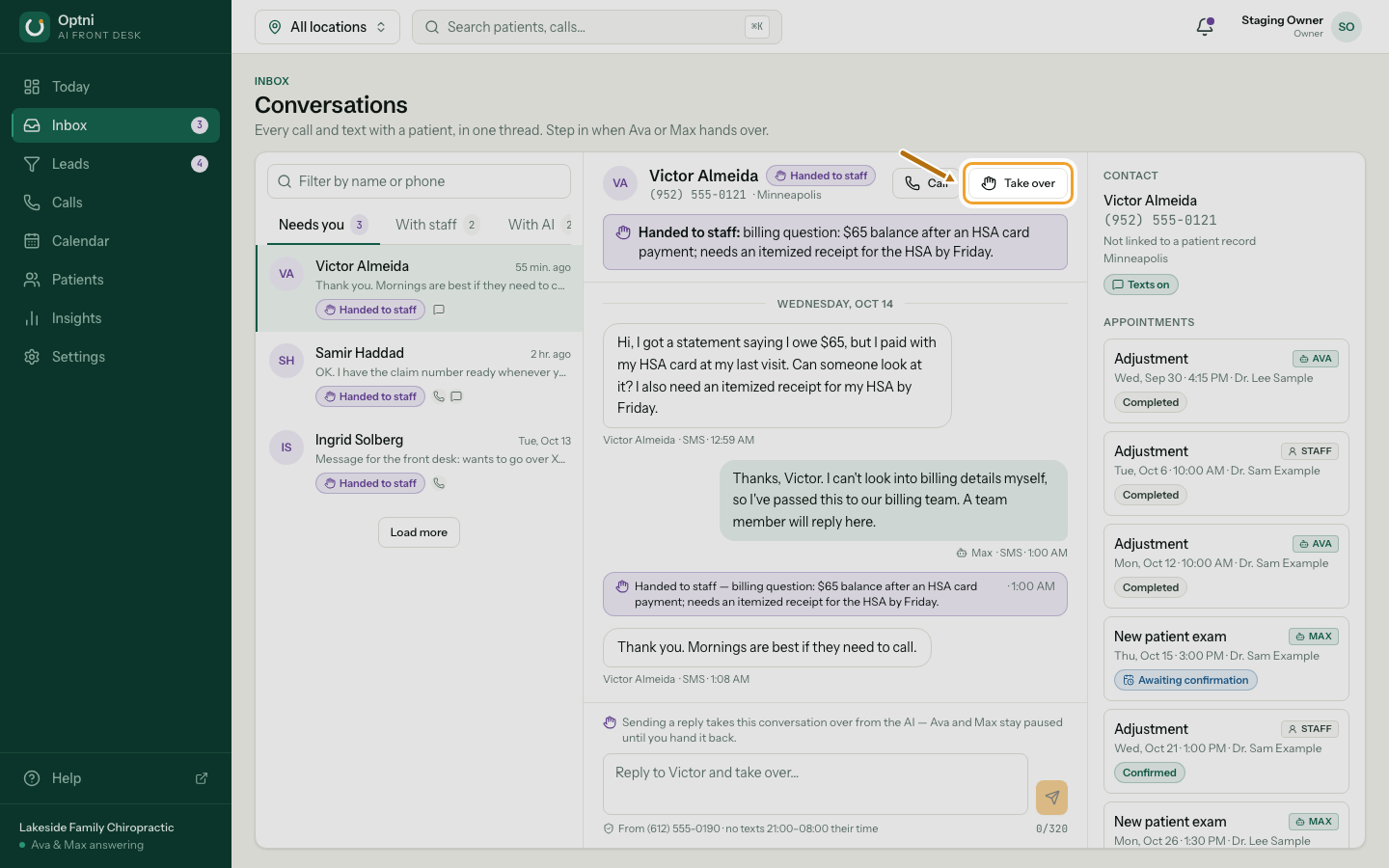 The conversation header with the Take over button ringed.