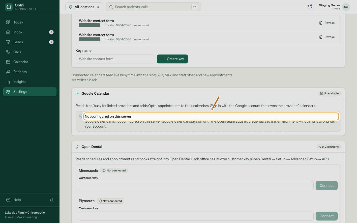 A calendar card showing Not configured on this server.