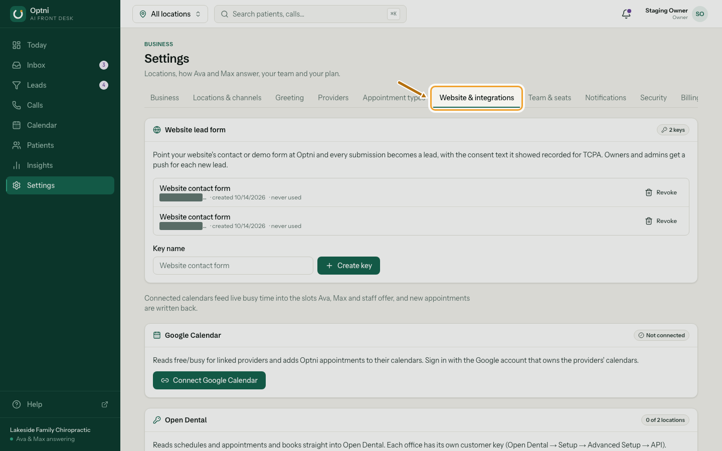 The Website & integrations page with Google Calendar and Open Dental cards.
