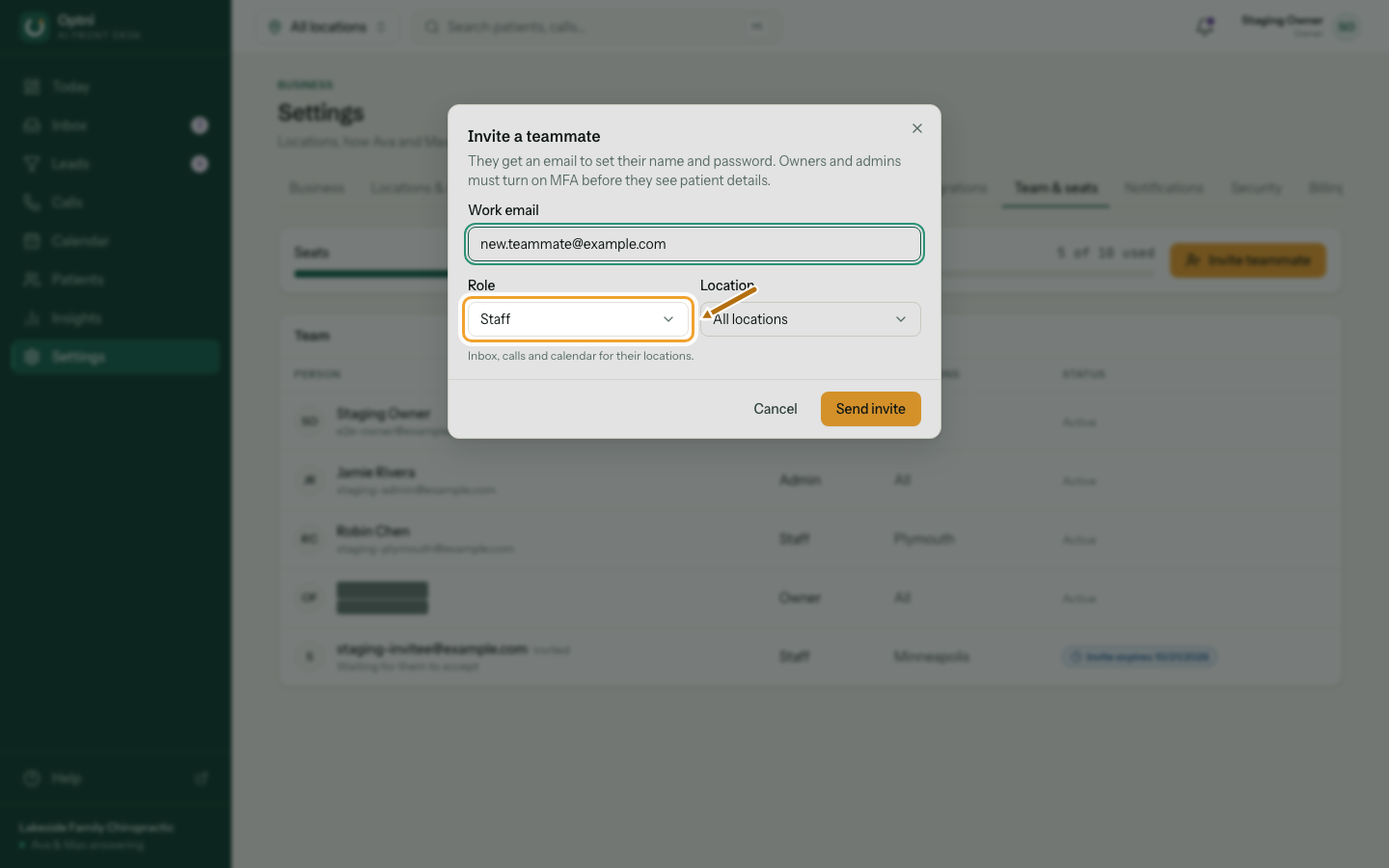 The Invite a teammate dialog with the email filled in and the role choice ringed.