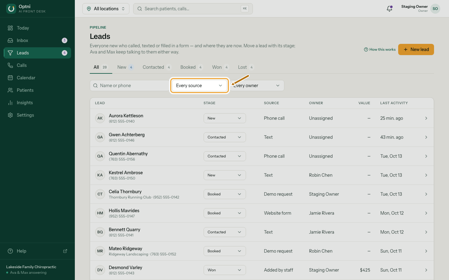 The search box and the source and owner filters ringed.