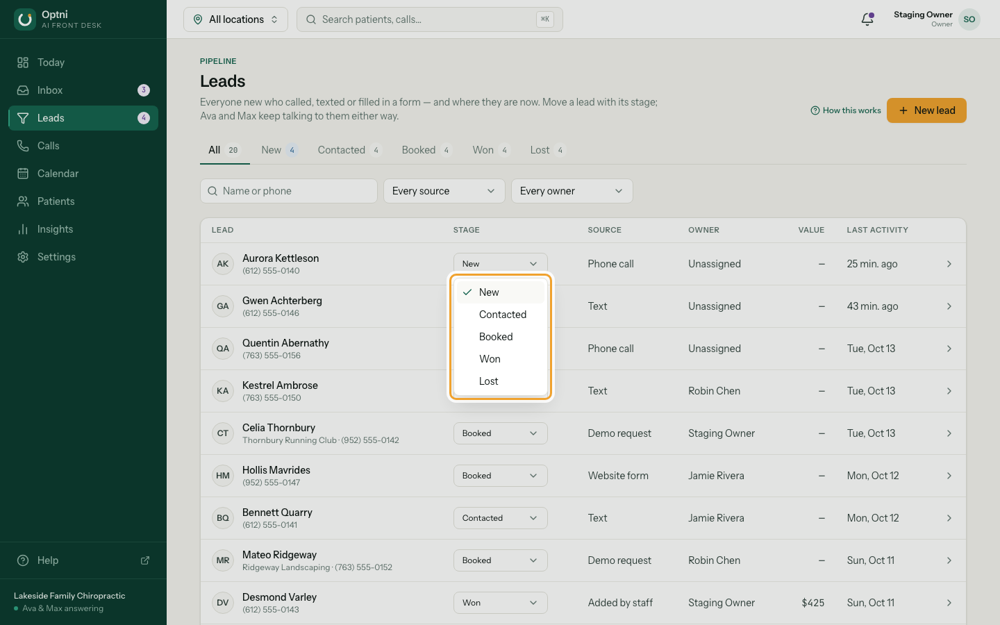A row's stage menu open, listing the pipeline stages.