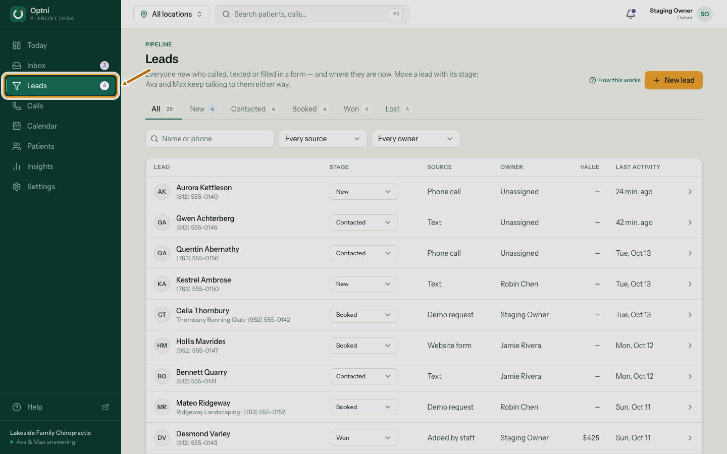 The Leads page with stage tabs, filters and a table of leads.