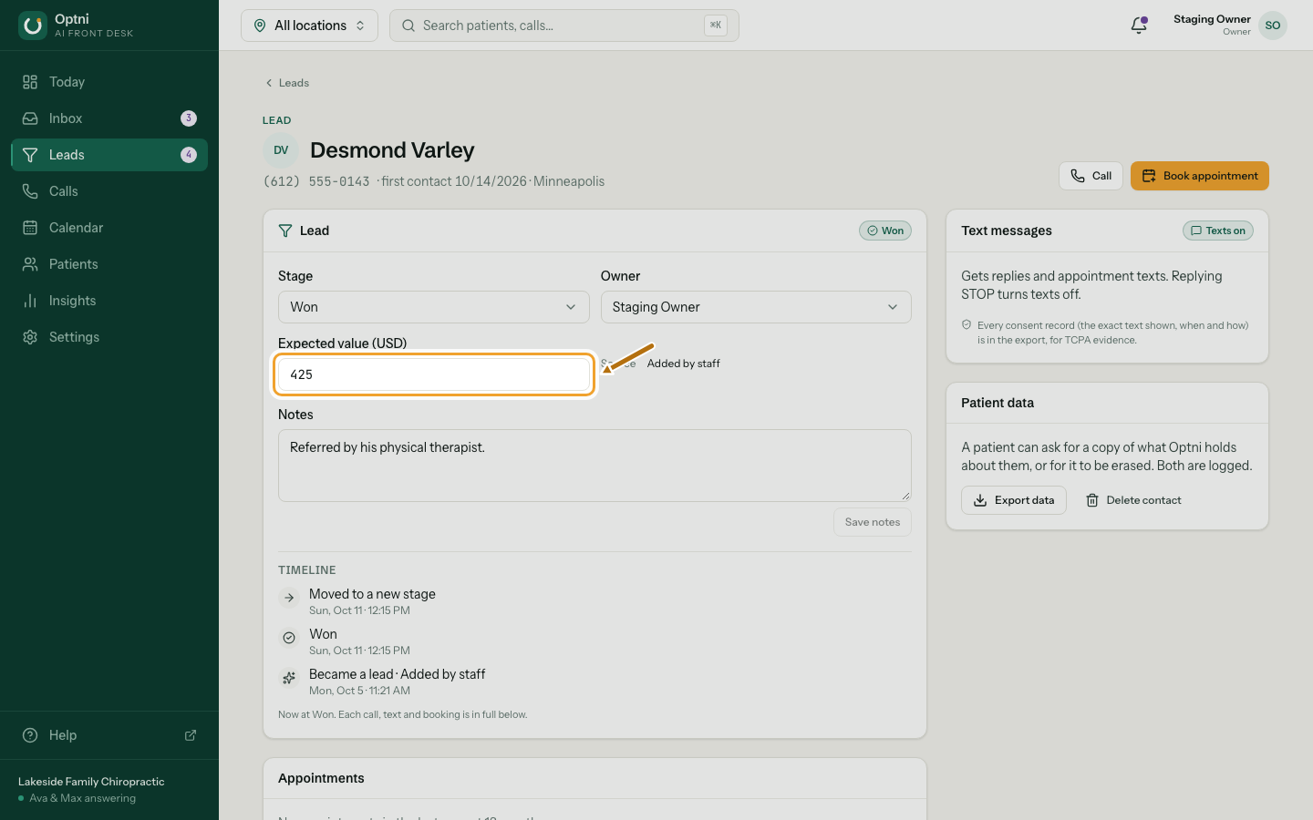 The Owner menu and Expected value field ringed.