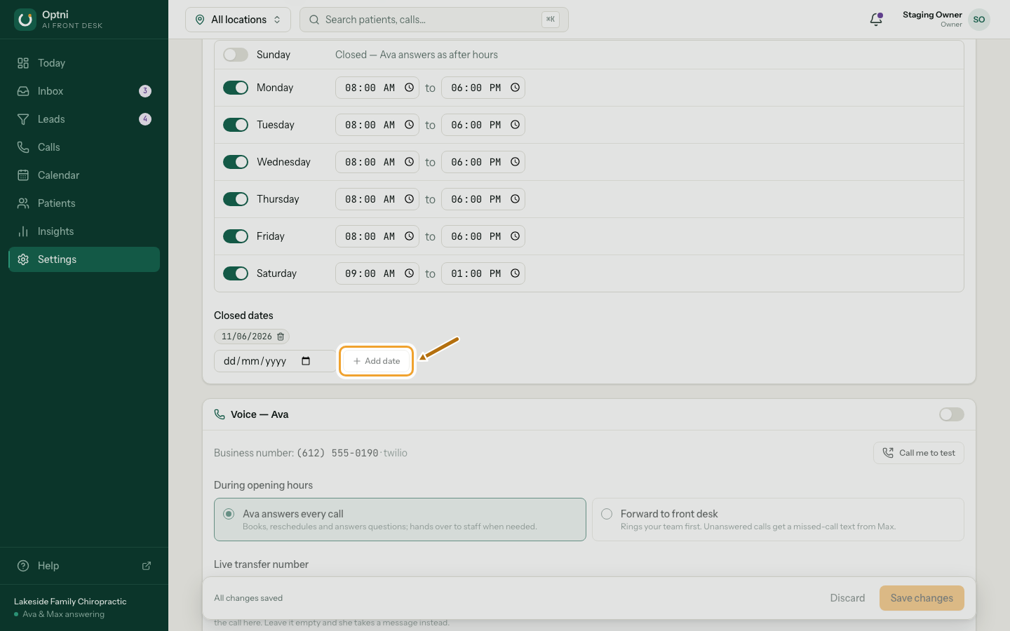 The Closed dates list with a date picker and Add date button.