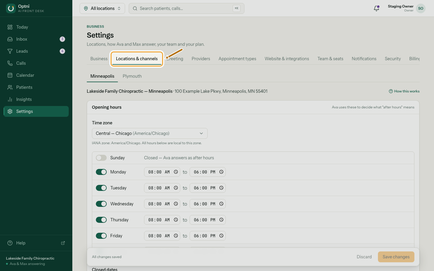 Settings → Locations & channels with a tab for each location.