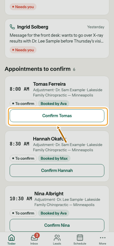 An appointment to confirm with its Confirm button ringed.