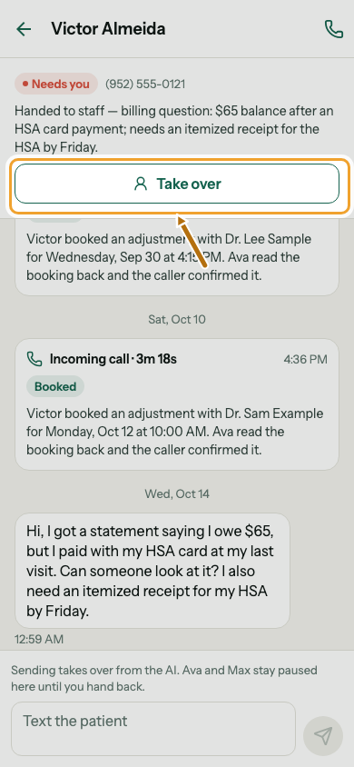 A conversation in the app with the Take over button.