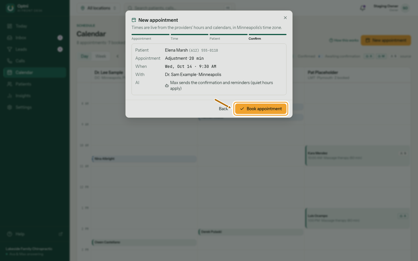 The confirm step listing customer, booking, time and provider, with the Book button ringed.