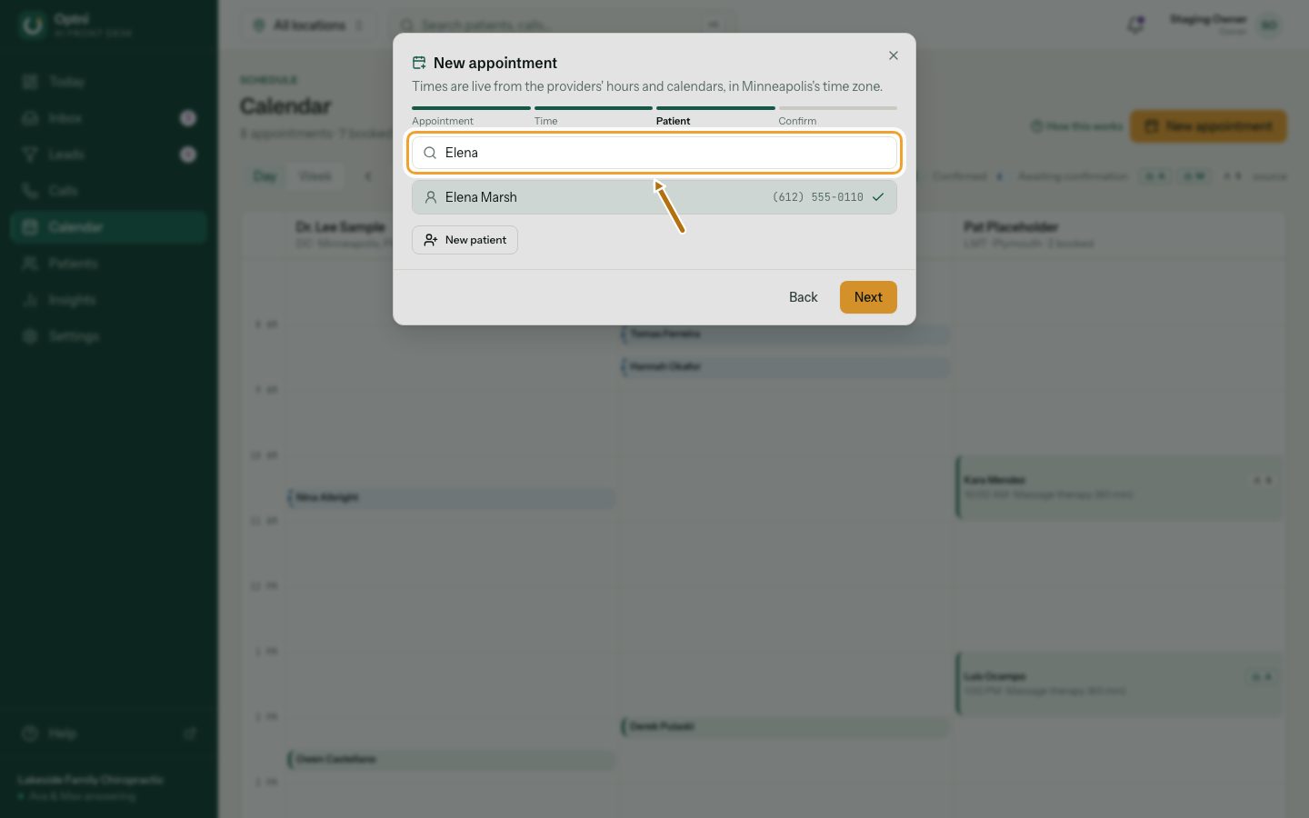 The customer step with a search and matching contacts.