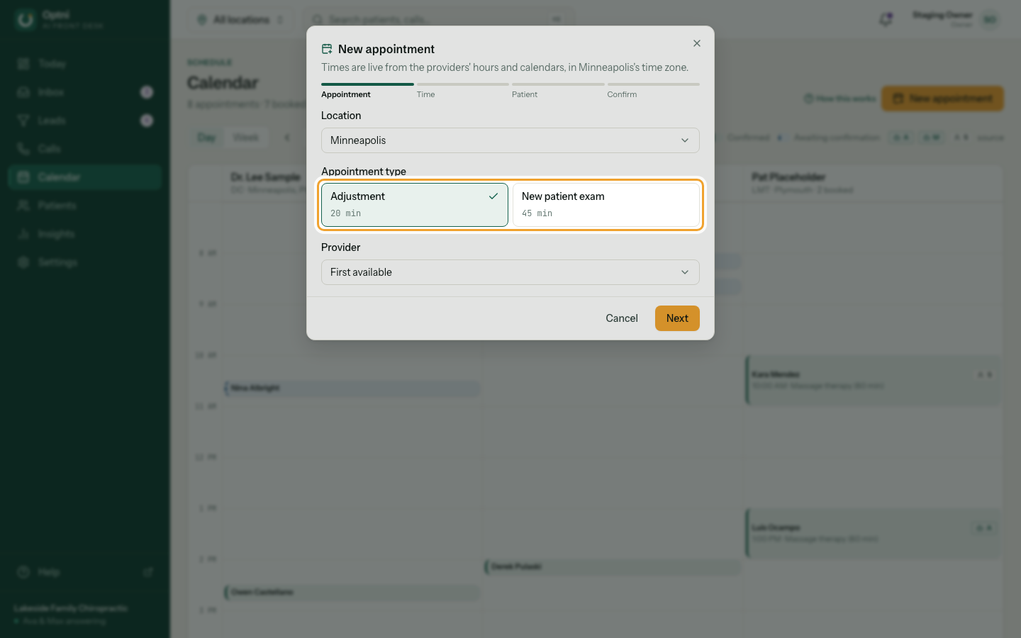 The first step of the booking dialog with a booking type selected.