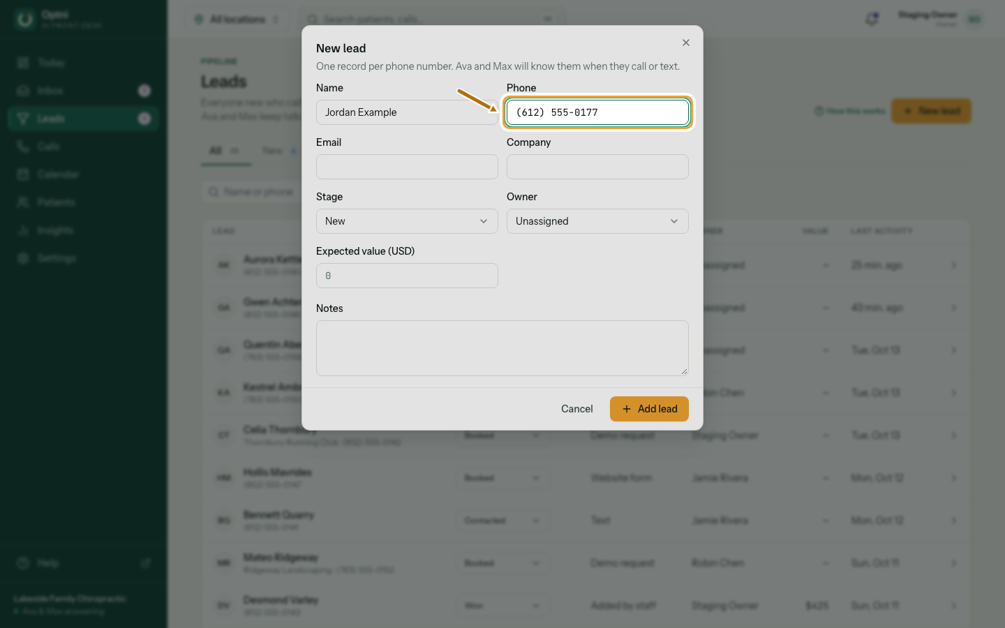 The New lead dialog with name and phone filled in.