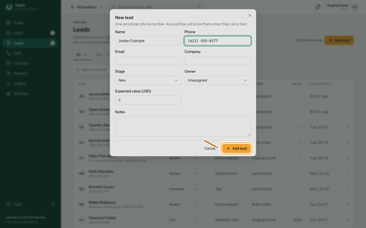 The save button of the New lead dialog ringed.