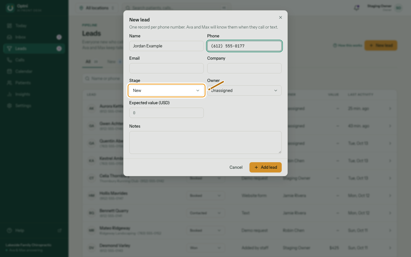 Stage, owner, value and notes fields in the dialog.