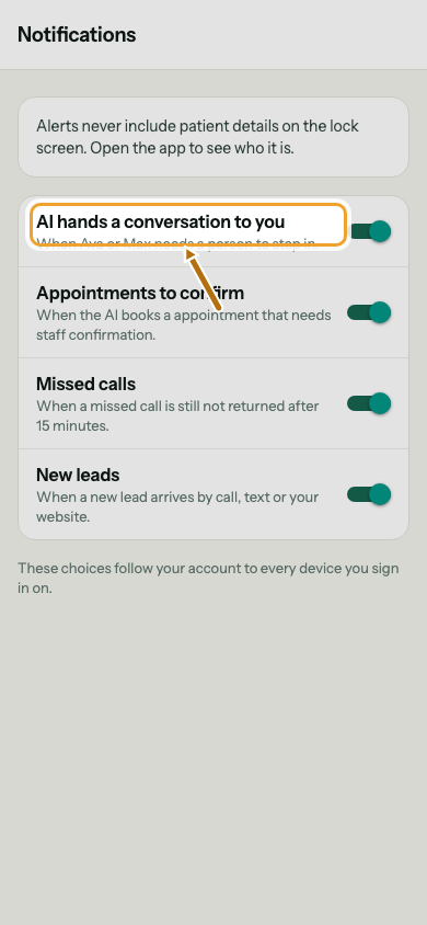 The app's Notifications screen with the same switches.