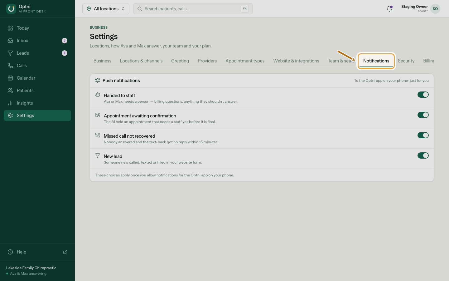 Settings → Notifications listing the alert types with switches.