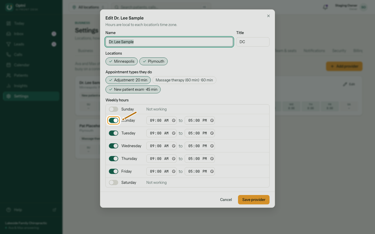 The weekly hours editor in the provider dialog.
